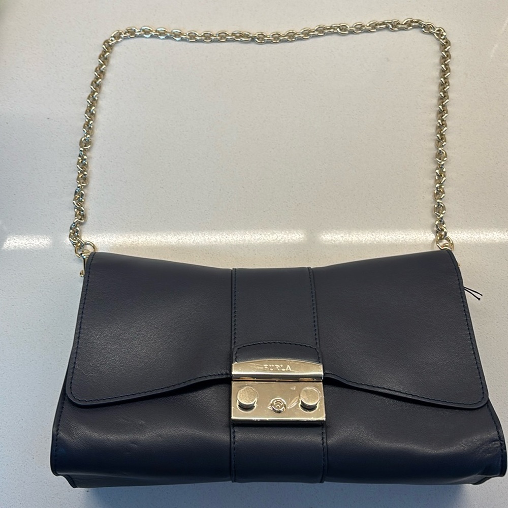 Furla navy handbag with silver chain